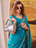 Stunning Teal Blue Zari Weaving Crepe Festive Wear Saree With Blouse