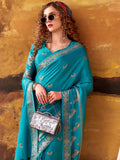 Stunning Teal Blue Zari Weaving Crepe Festive Wear Saree With Blouse