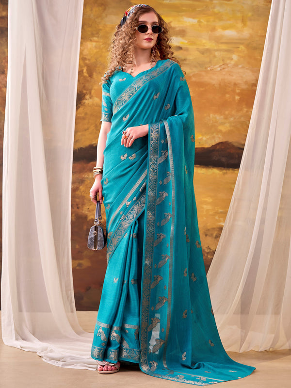 Stunning Teal Blue Zari Weaving Crepe Festive Wear Saree With Blouse