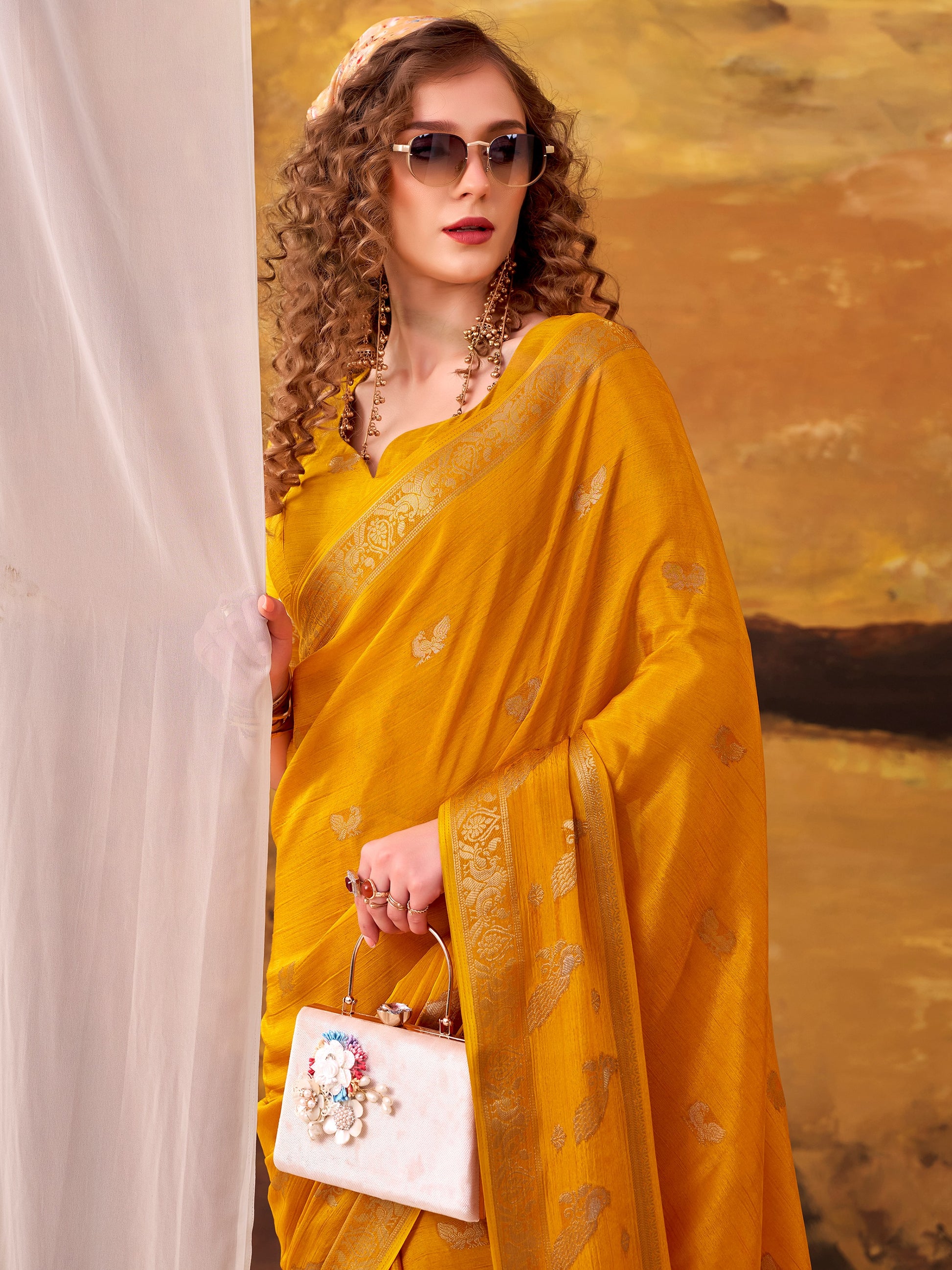 Awesome Mustard Yellow Zari Weaving Crepe Festive Wear Saree With Blouse