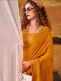 Awesome Mustard Yellow Zari Weaving Crepe Festive Wear Saree With Blouse
