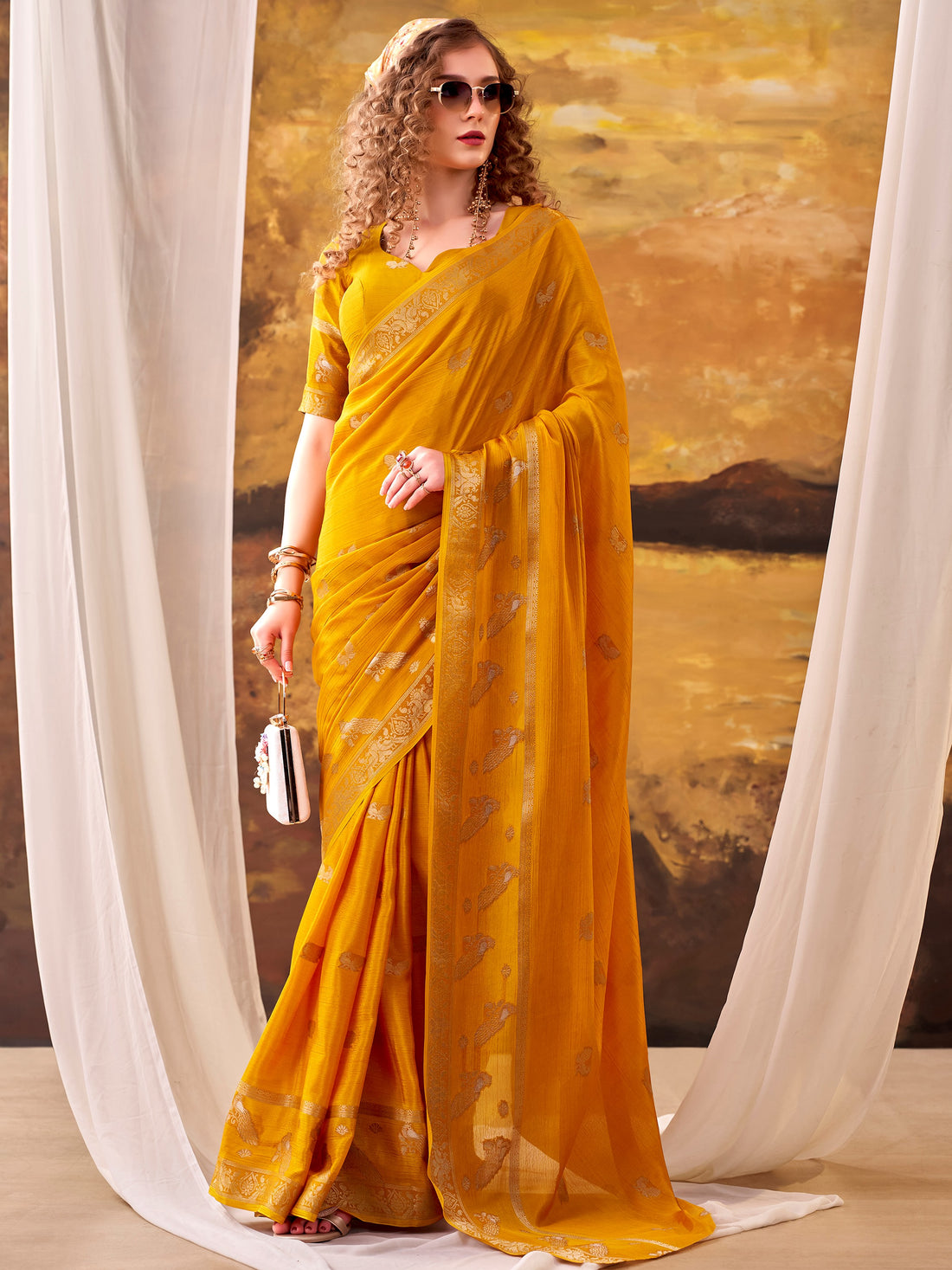 Awesome Mustard Yellow Zari Weaving Crepe Festive Wear Saree With Blouse
