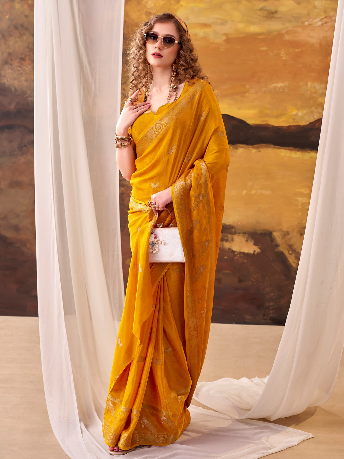 Awesome Mustard Yellow Zari Weaving Crepe Festive Wear Saree With Blouse