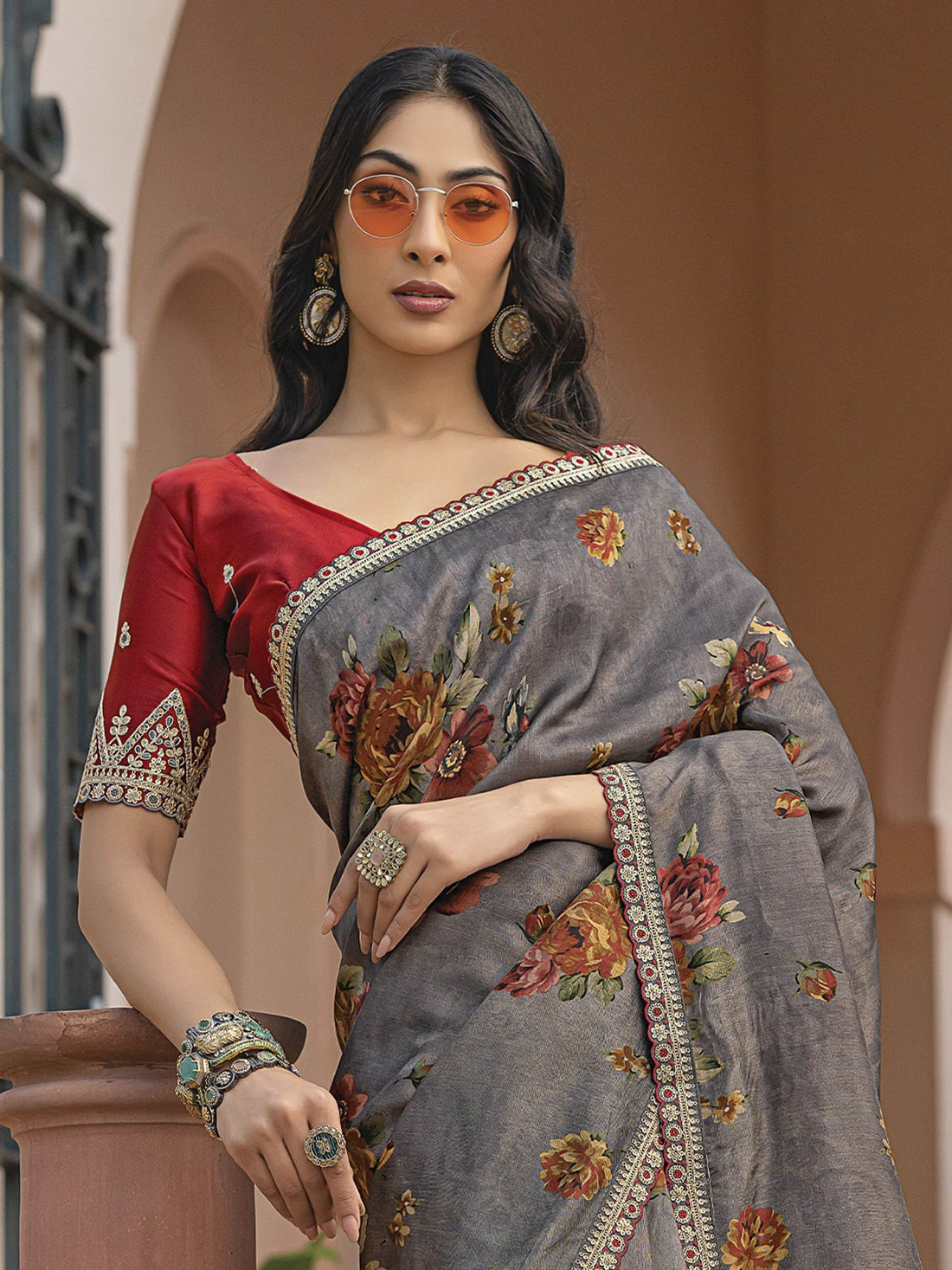 Classy Grey Floral Printed Silk Event Wear Saree With Blouse