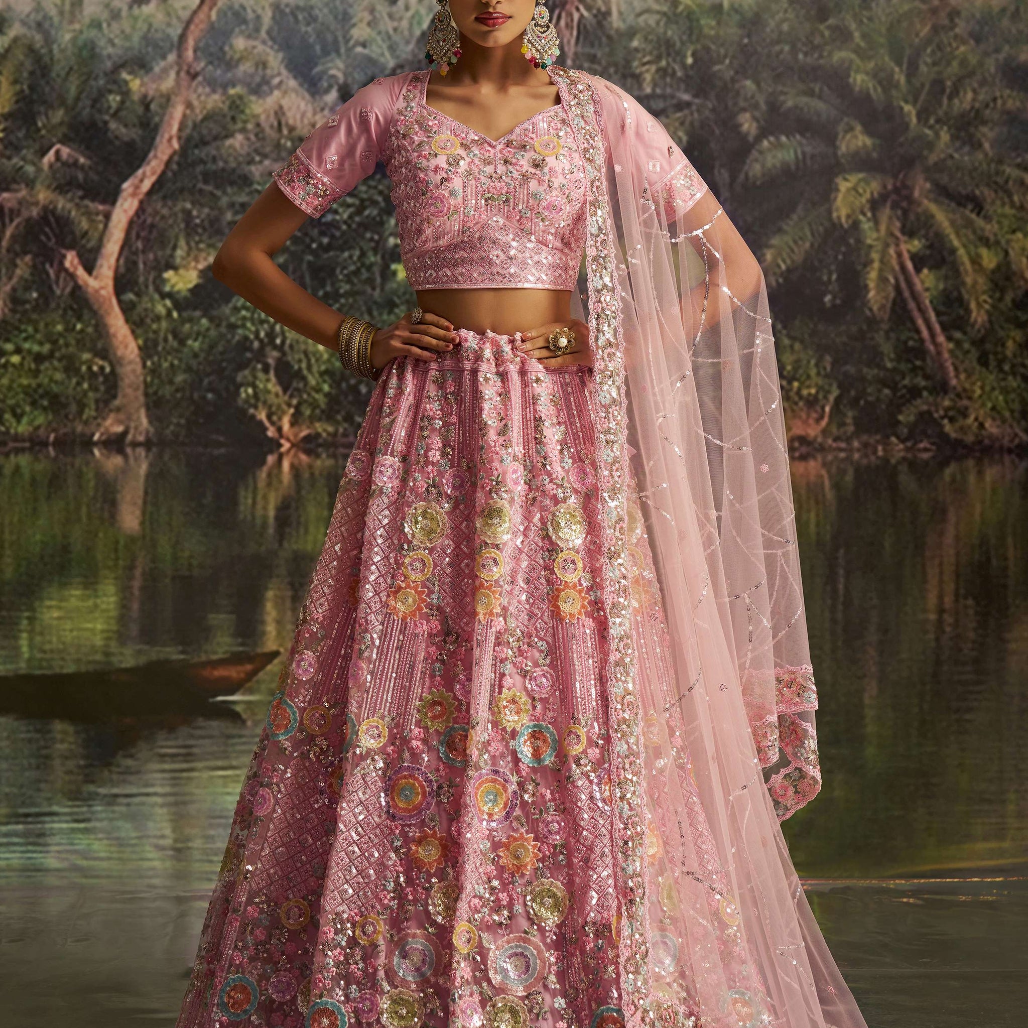 Remarkable Pink Zarkan Embroidered Net Bridesmaid Lehenga Choli