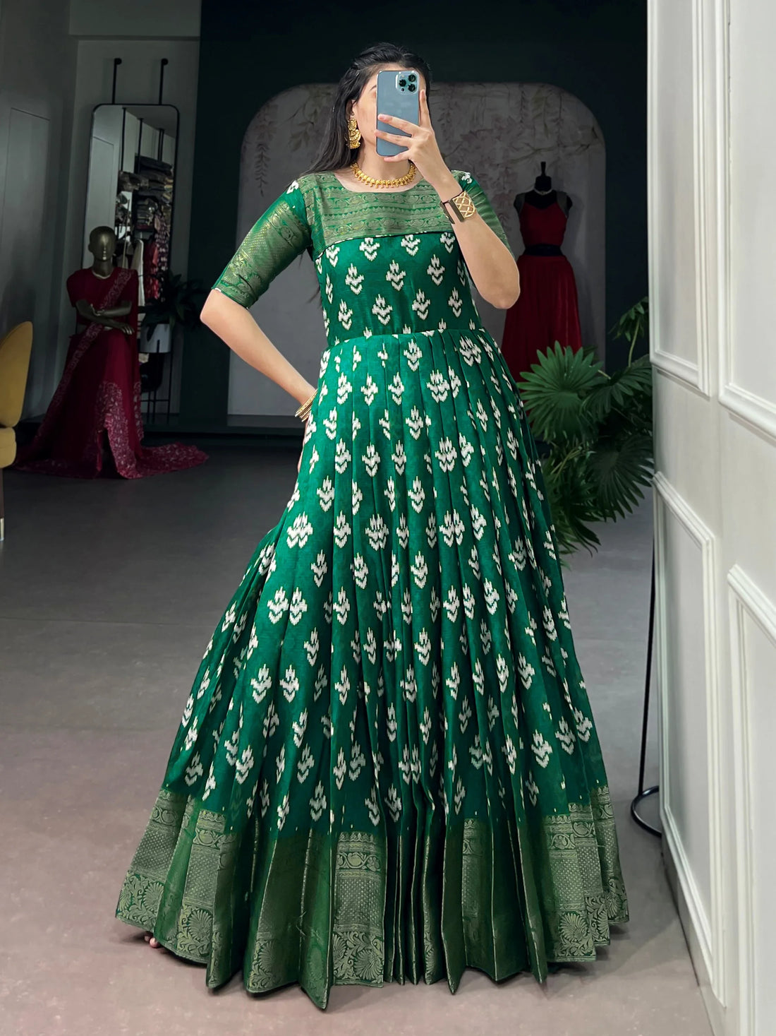 Enchanting Green Zari Woven Cotton Festive Wear Gown