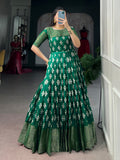Enchanting Green Zari Woven Cotton Festive Wear Gown