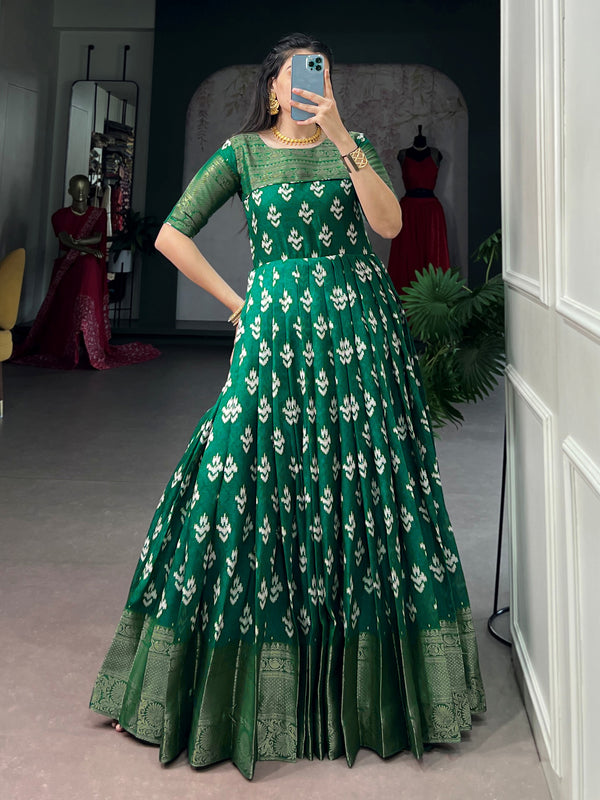 Enchanting Green Zari Woven Cotton Festive Wear Gown