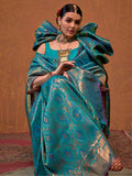 Beautiful Sky-Blue Zari Weaving Silk Event Wear Saree With Blouse