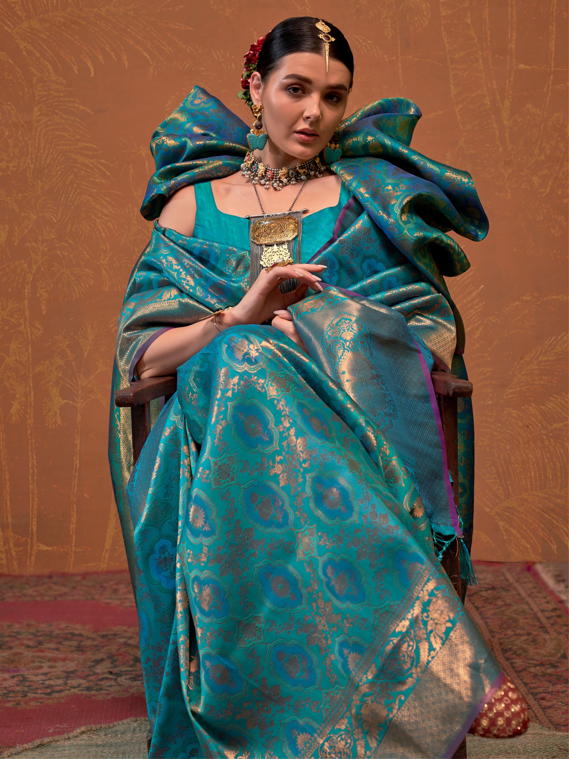 Beautiful Sky-Blue Zari Weaving Silk Event Wear Saree With Blouse