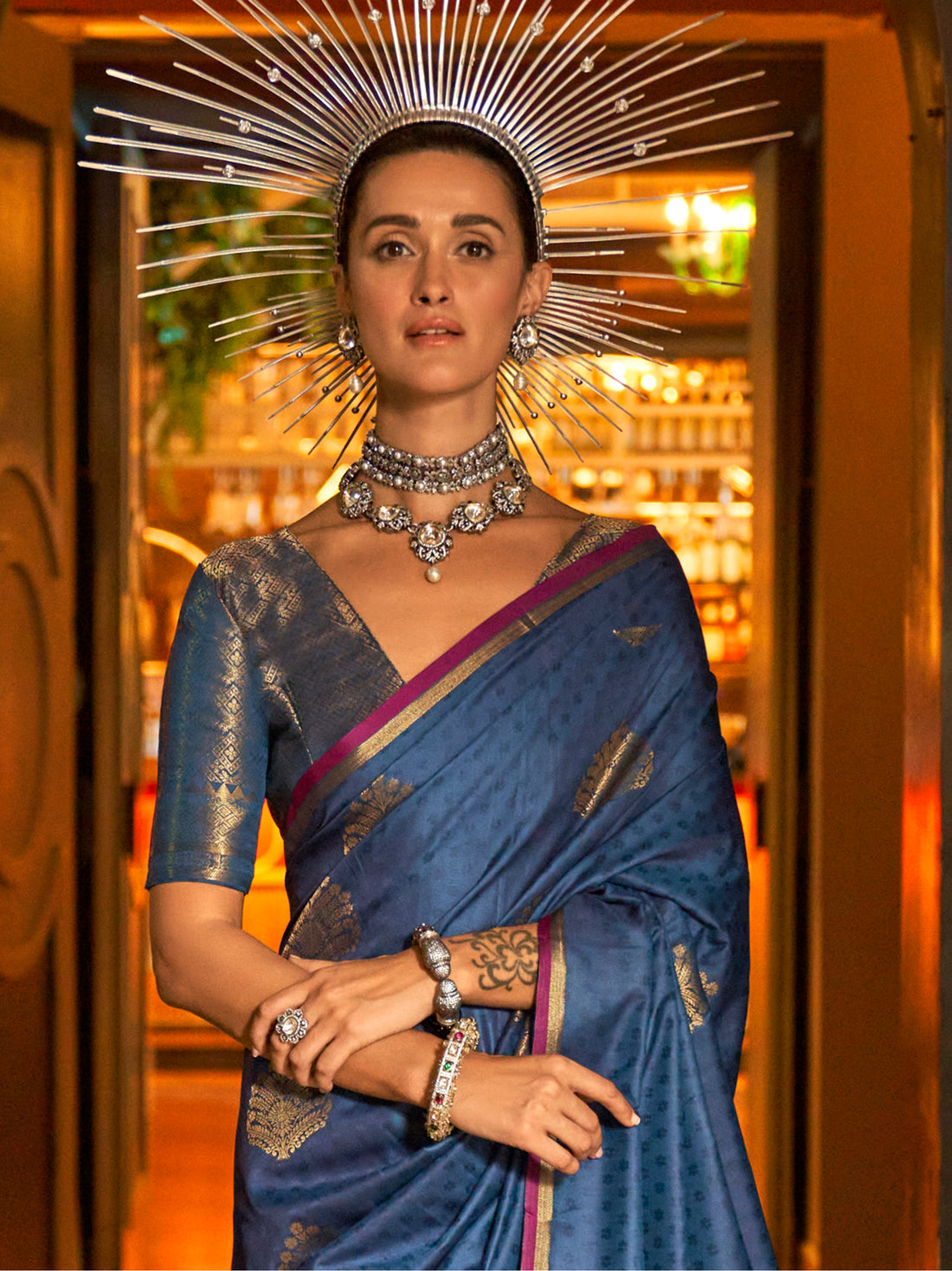 Fascinating Navy Blue Zari Weaving Silk Festival Wear Saree With Blouse