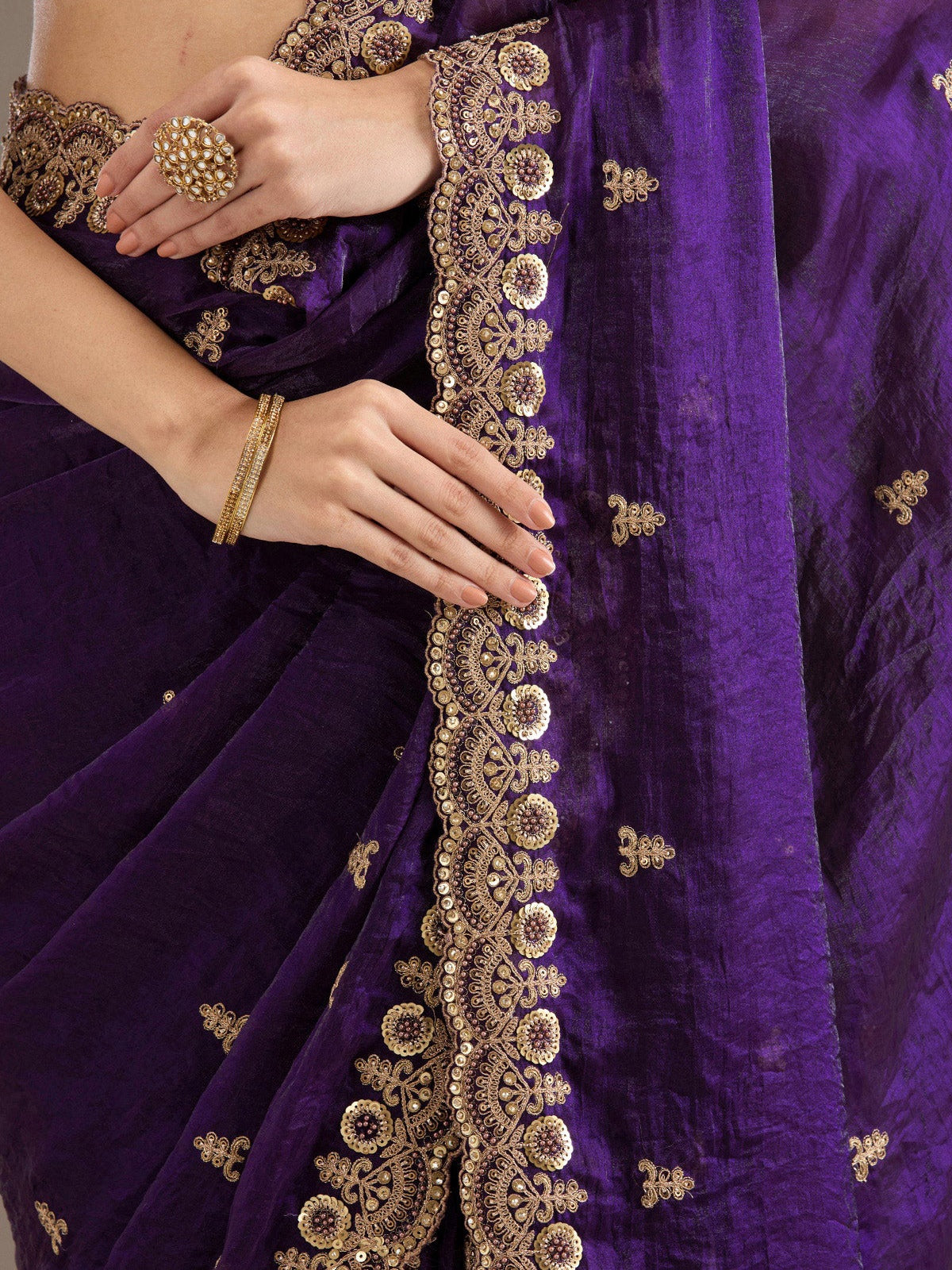 Elegant Purple Thread Work Tissue Wedding Wear Saree With Blouse