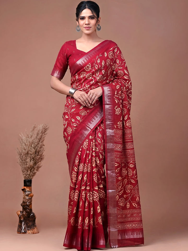 Graceful Red Floral Printed Silk Festival Wear Saree With Blouse