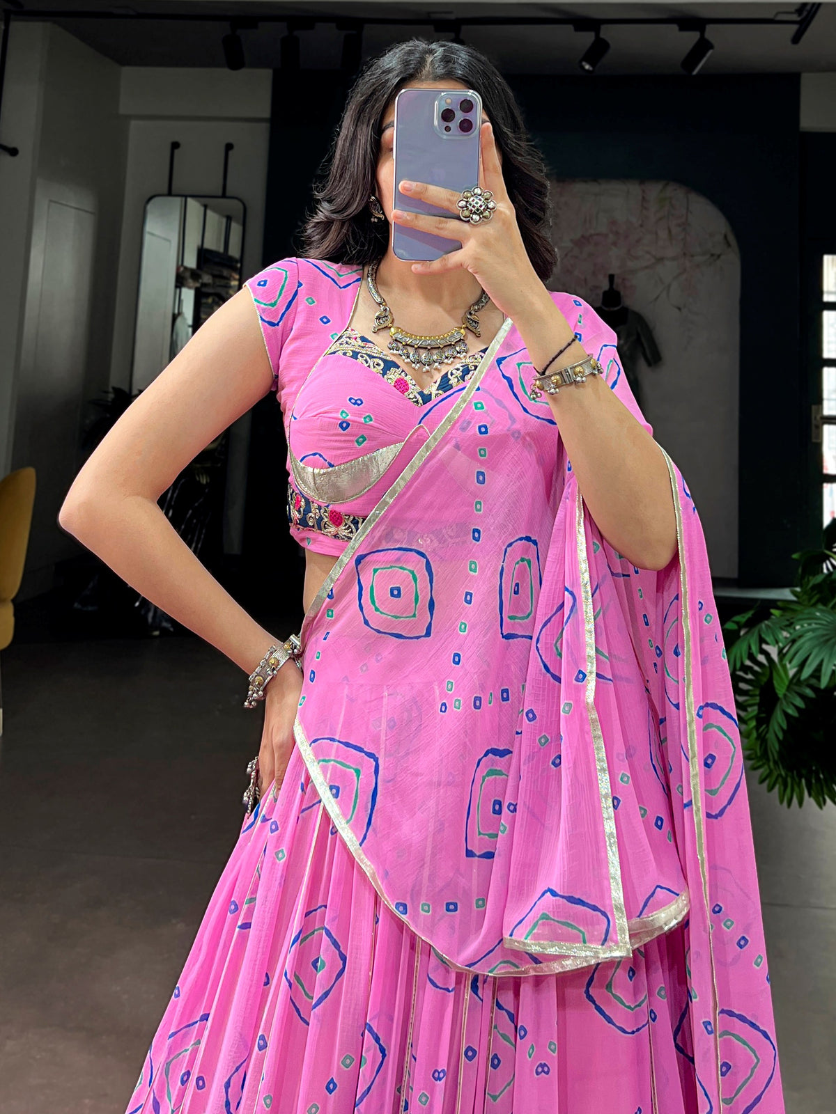 Charming Pink Bandhej Print Georgette Navratri Wear Lehenga Choli