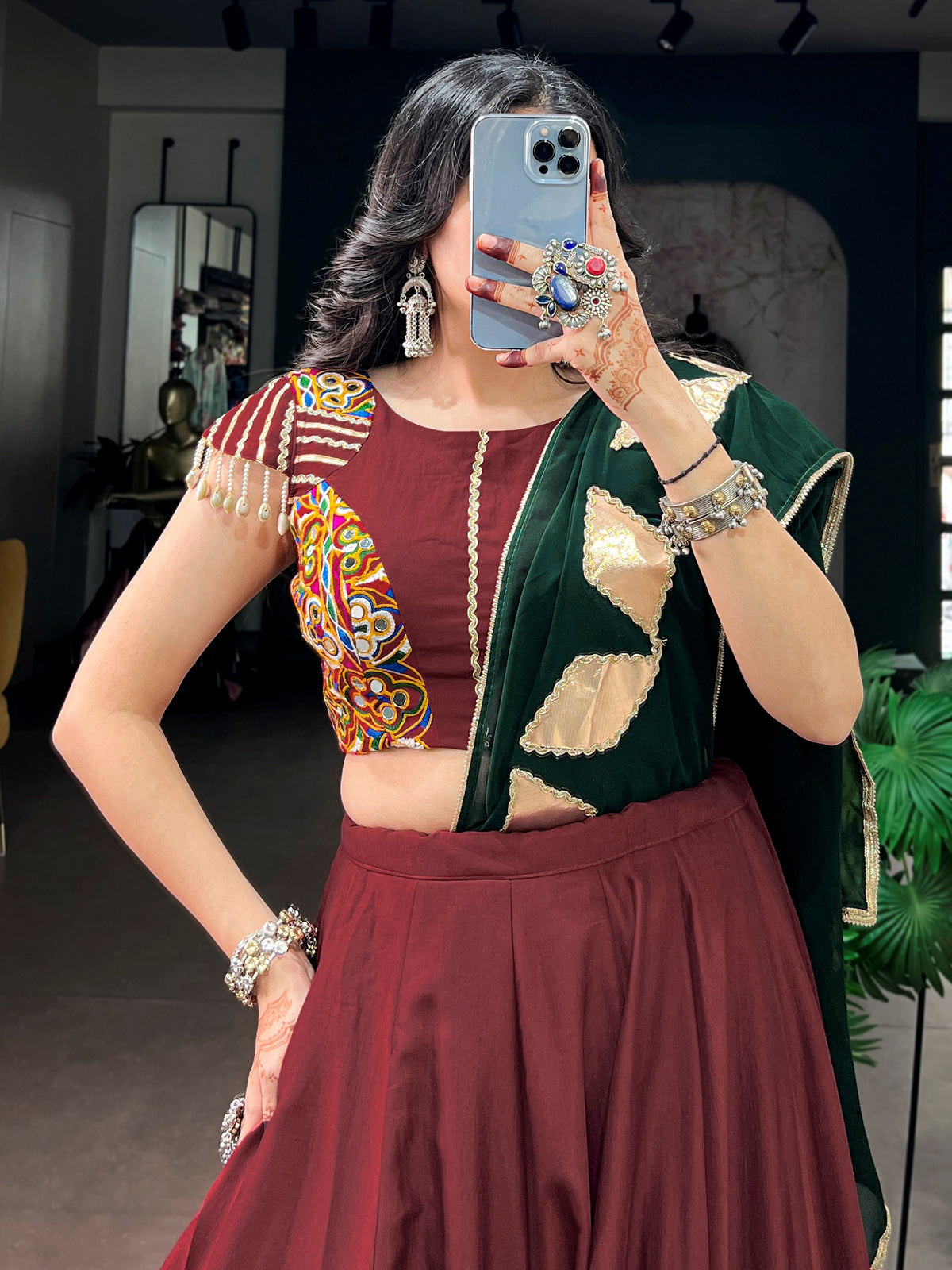 Royal Maroon Gamthi Work Chinon Navratri Wear Lehenga Choli