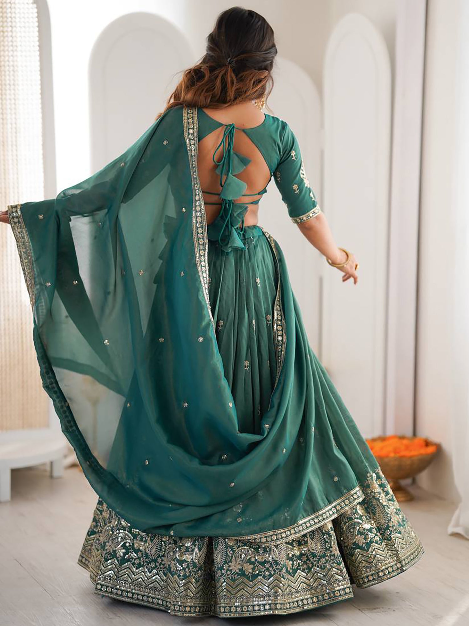 Enchanting Sea Green Sequins Silk Wedding Lehenga Choli With Dupatta