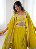 Rich Yellow Sequins Crepe Indo-Western Drape Lehenga Set With Shrug