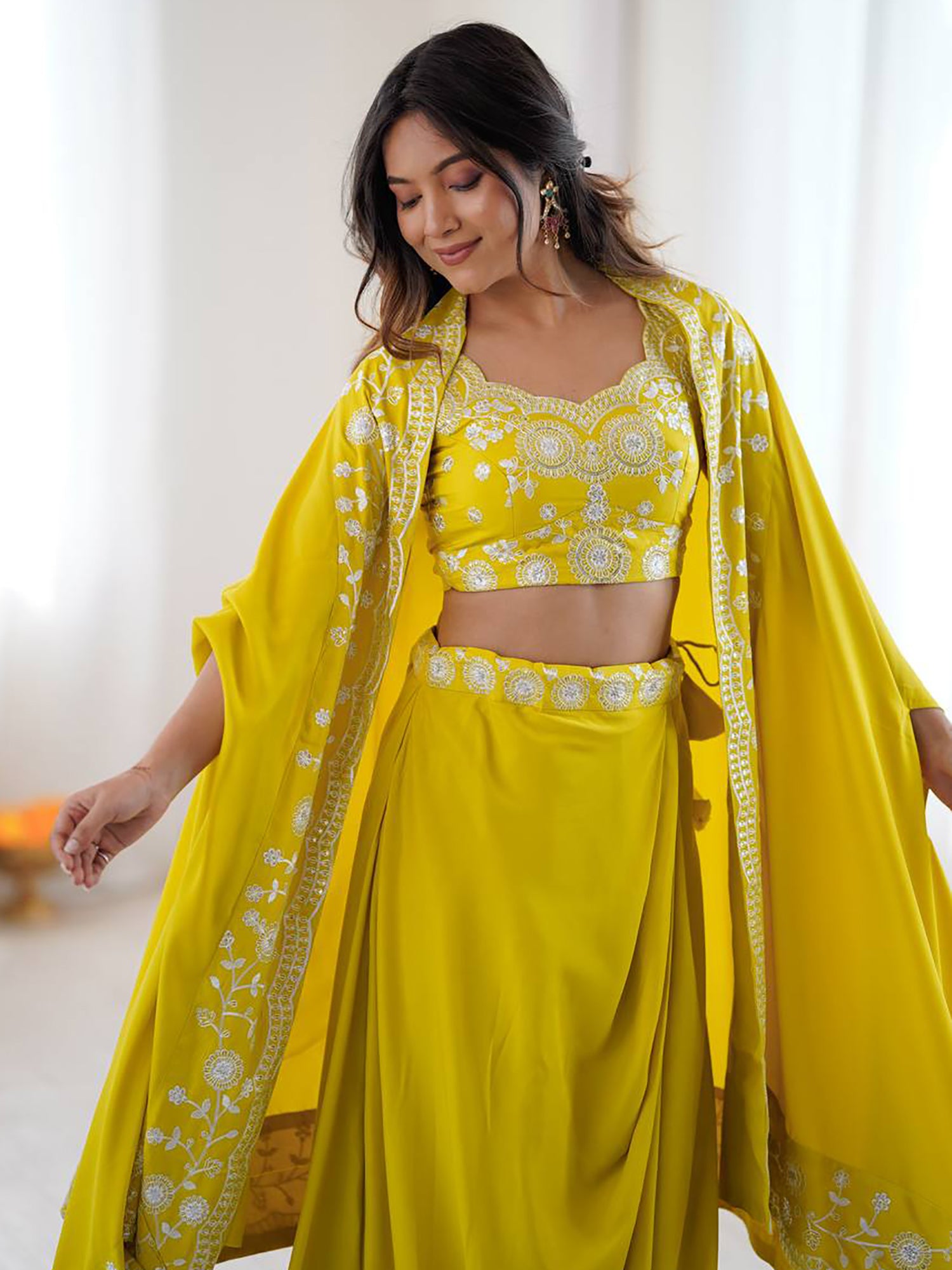 Rich Yellow Sequins Crepe Indo-Western Drape Lehenga Set With Shrug