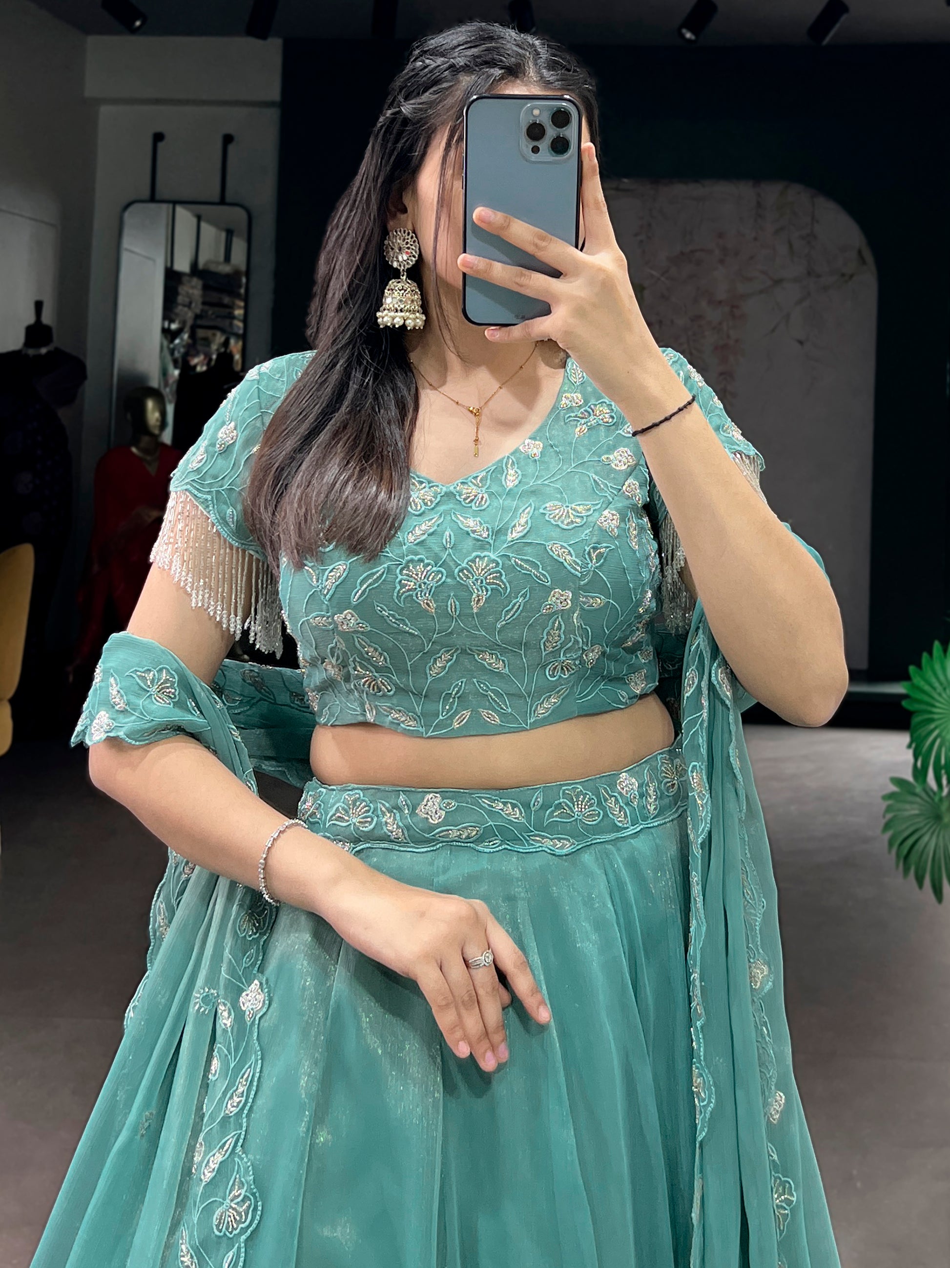 Gorgeous Sky-Blue Organza Party Wear Lehenga With Embroidered Choli