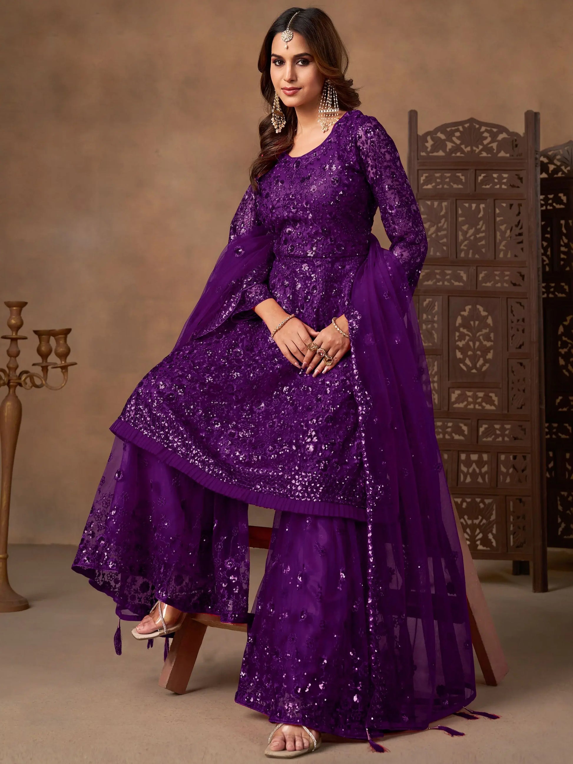 Charming Purple Thread Embroidery Net Reception Wear Sharara Suit