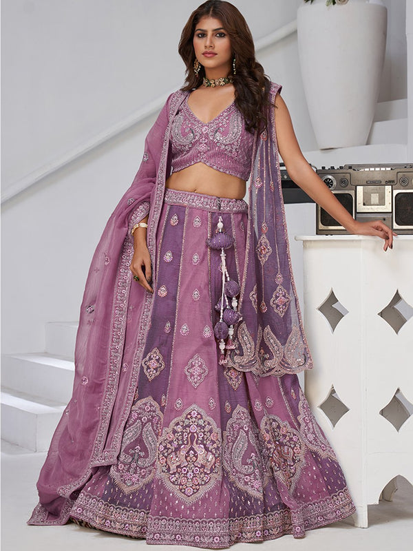 Dazzling Purple Thread Work Tissue Reception Wear Lehenga Choli With Dupatta