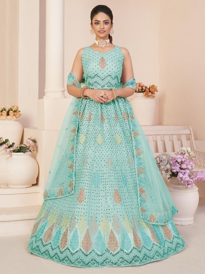 Enchanting Sea Green Sequins Work Net Designer Lehenga Choli