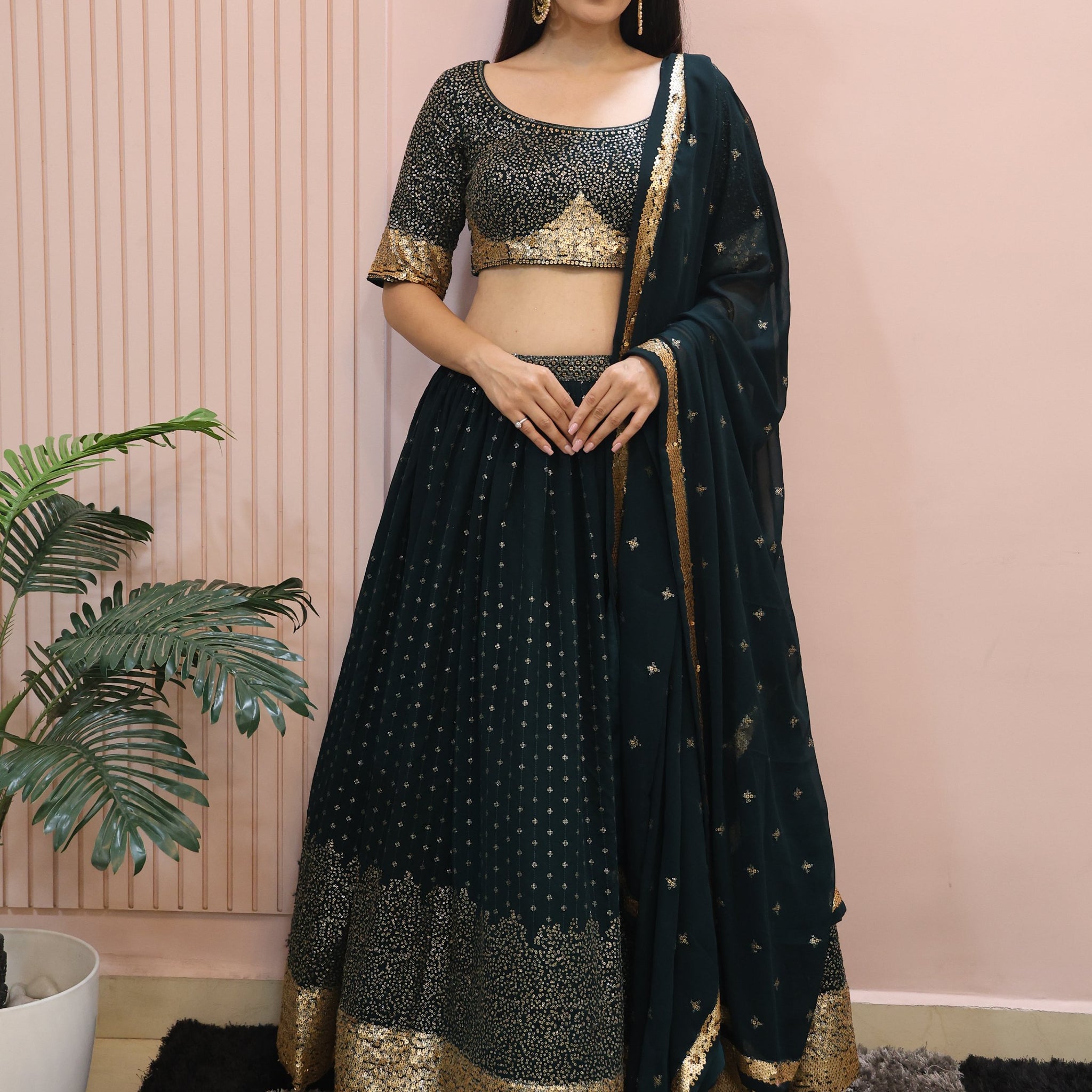 Glamorous Dark Green Sequins Georgette Party Wear Lehenga Choli With Dupatta