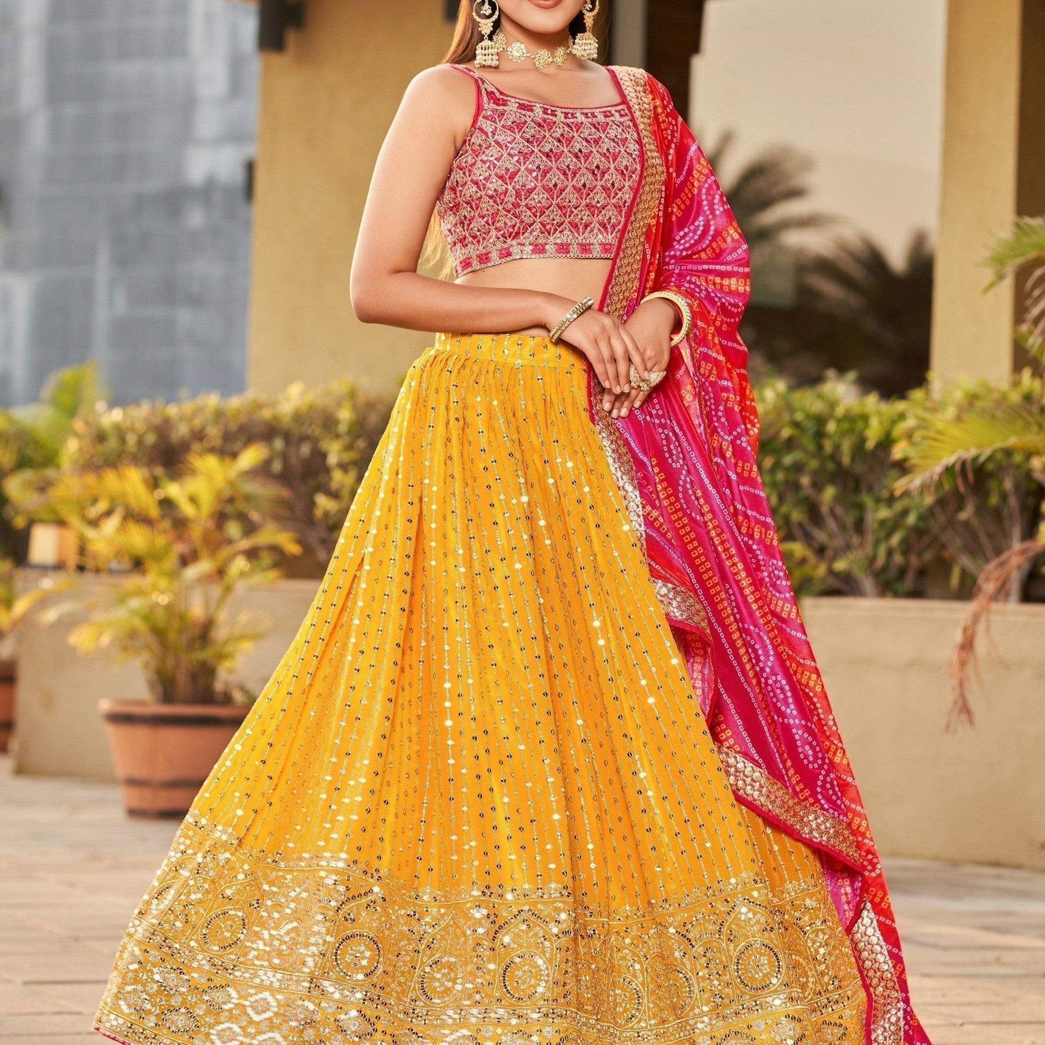 Fascinating Yellow Sequins Georgette Traditional Lehenga Choli