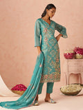 Excellent Blue Embroidered Organza Evening Wear Straight Pant Suit With Dupatta