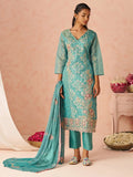 Excellent Blue Embroidered Organza Evening Wear Straight Pant Suit With Dupatta