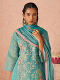 Excellent Blue Embroidered Organza Evening Wear Straight Pant Suit With Dupatta