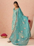 Excellent Blue Embroidered Organza Evening Wear Straight Pant Suit With Dupatta