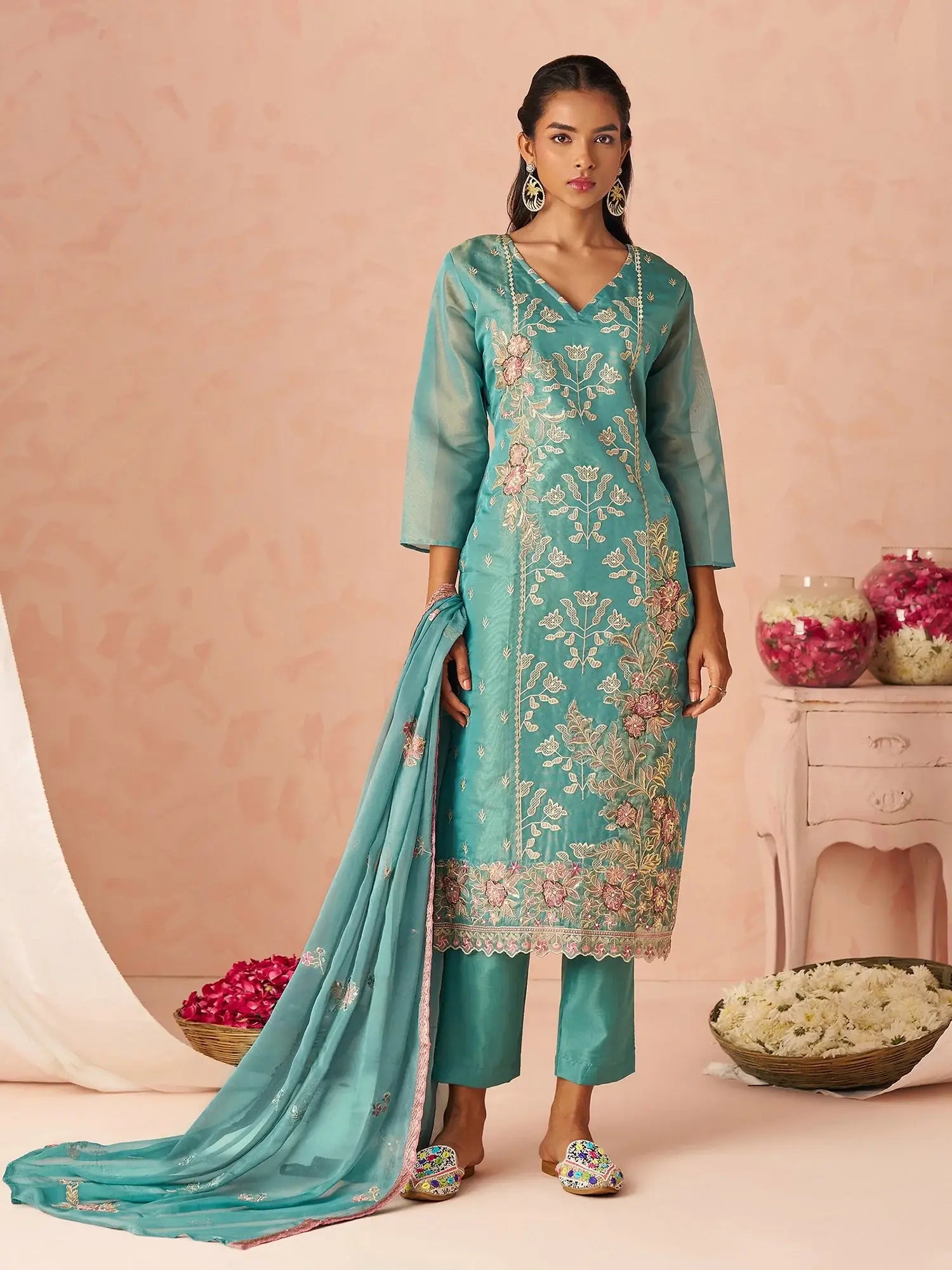 Excellent Blue Embroidered Organza Evening Wear Straight Pant Suit With Dupatta