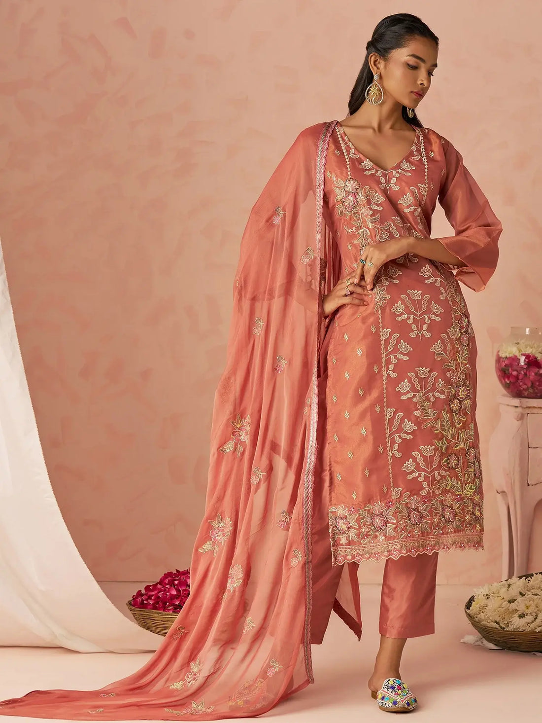 Fantastic Peach Floral Embroidery Organza Festive Wear Straight Pant Suit With Dupatta