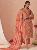 Fantastic Peach Floral Embroidery Organza Festive Wear Straight Pant Suit With Dupatta