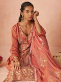 Fantastic Peach Floral Embroidery Organza Festive Wear Straight Pant Suit With Dupatta