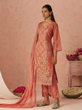 Fantastic Peach Floral Embroidery Organza Festive Wear Straight Pant Suit With Dupatta