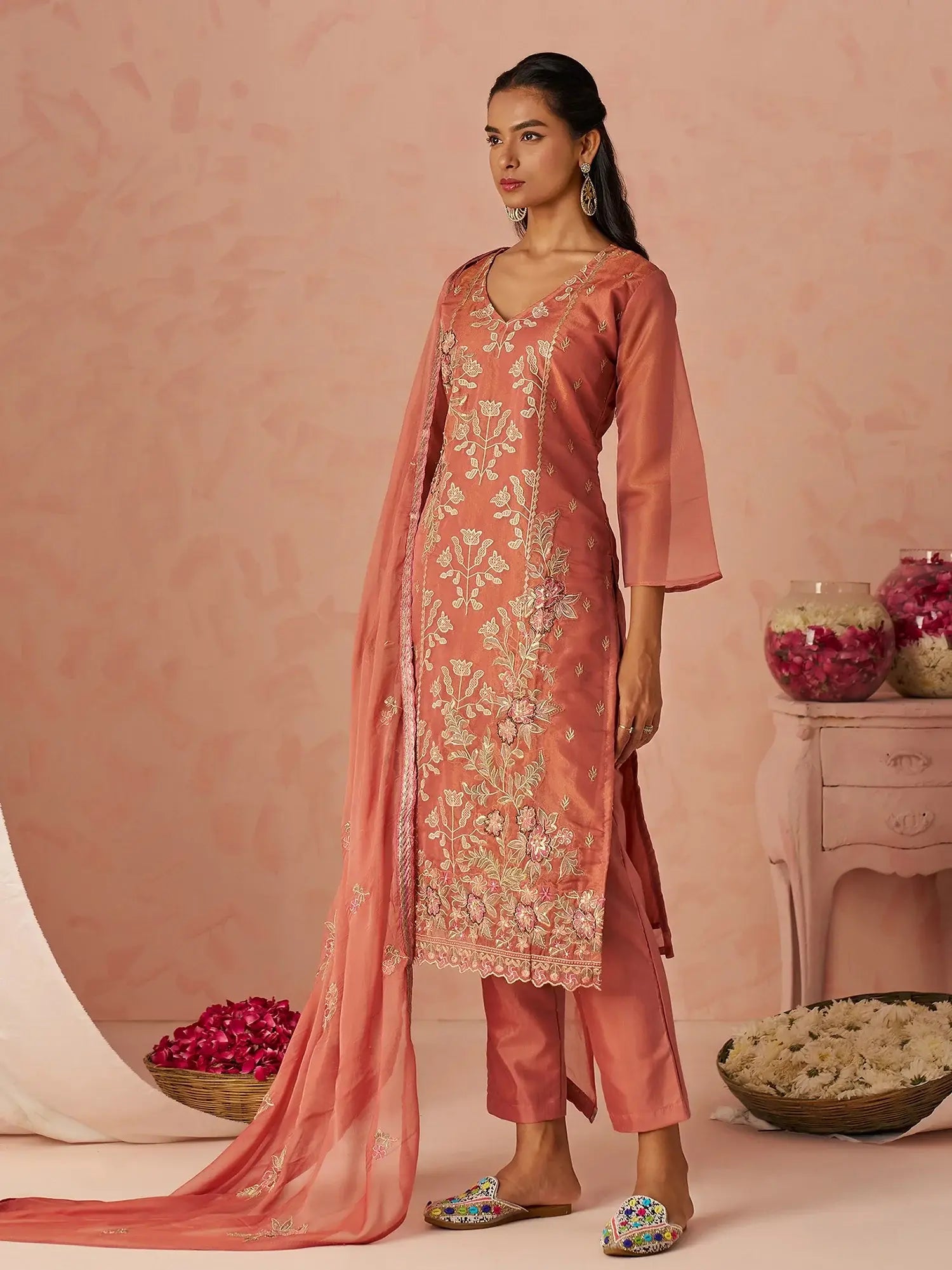 Fantastic Peach Floral Embroidery Organza Festive Wear Straight Pant Suit With Dupatta