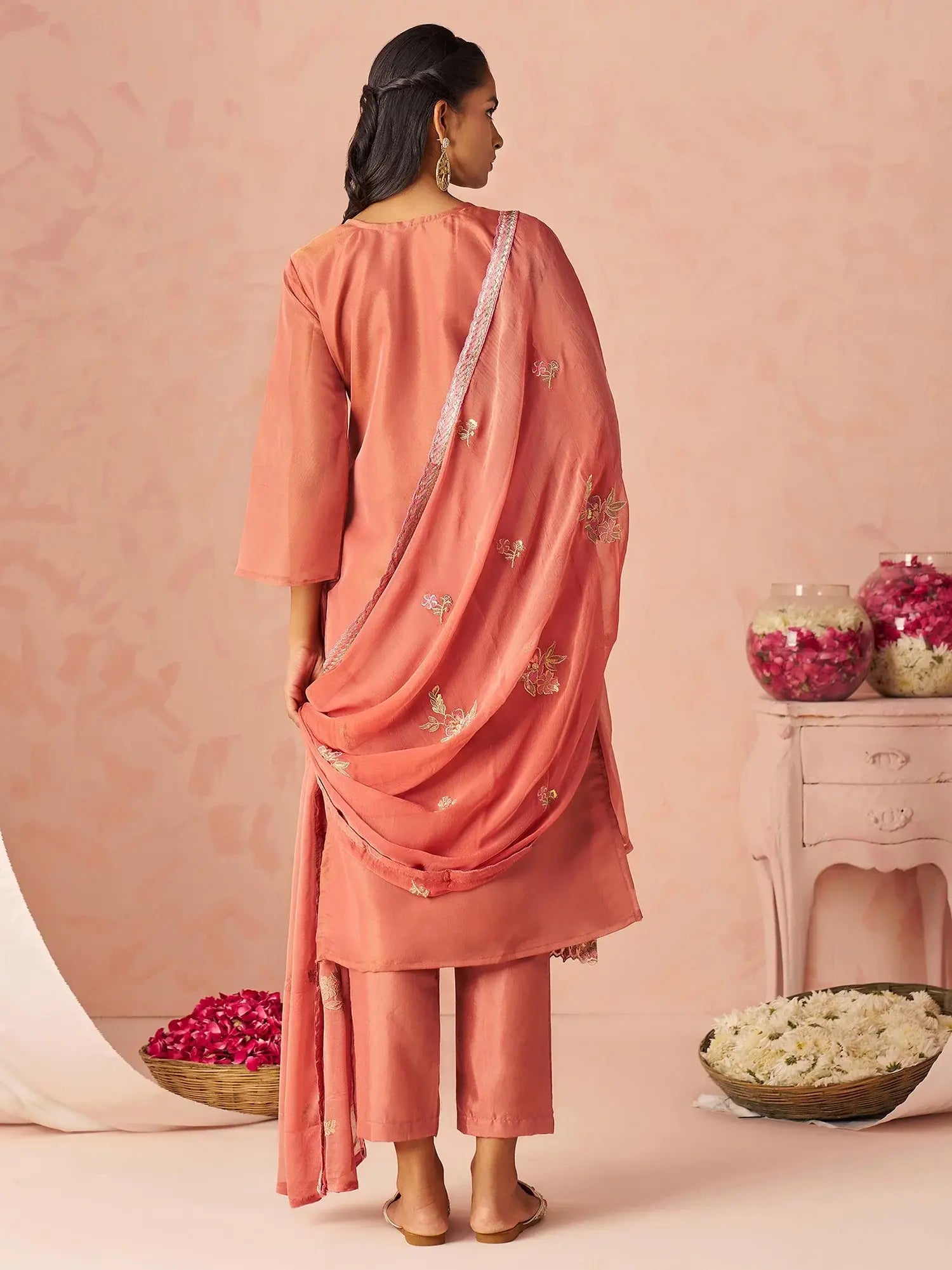 Fantastic Peach Floral Embroidery Organza Festive Wear Straight Pant Suit With Dupatta