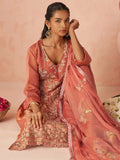 Fantastic Peach Floral Embroidery Organza Festive Wear Straight Pant Suit With Dupatta