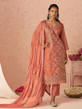 Fantastic Peach Floral Embroidery Organza Festive Wear Straight Pant Suit With Dupatta