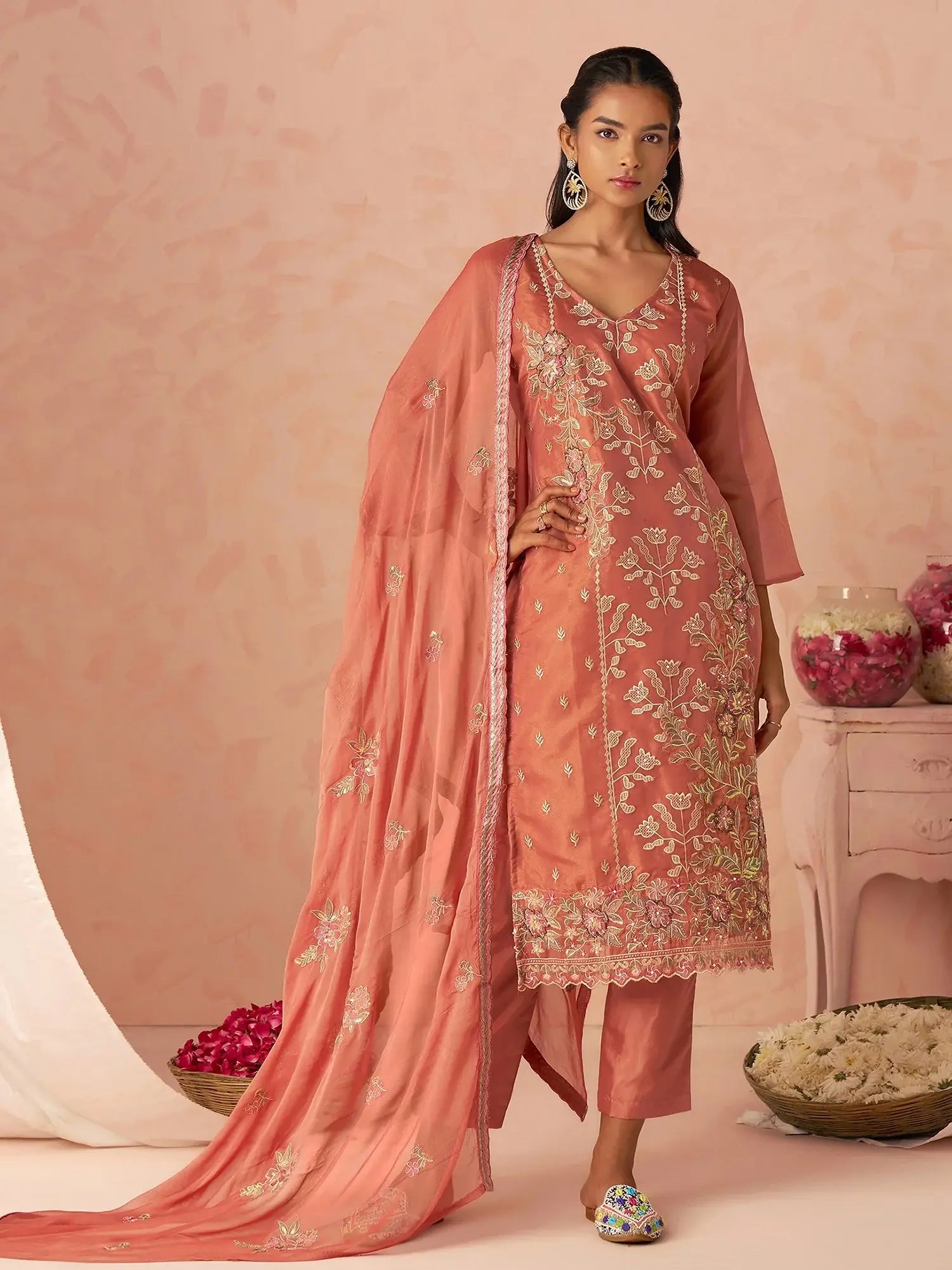 Fantastic Peach Floral Embroidery Organza Festive Wear Straight Pant Suit With Dupatta
