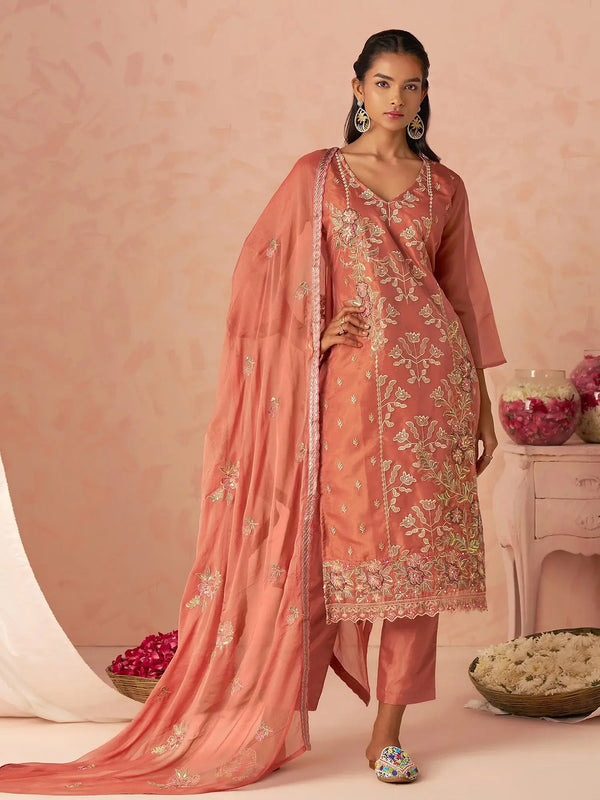 Fantastic Peach Floral Embroidery Organza Festive Wear Straight Pant Suit With Dupatta