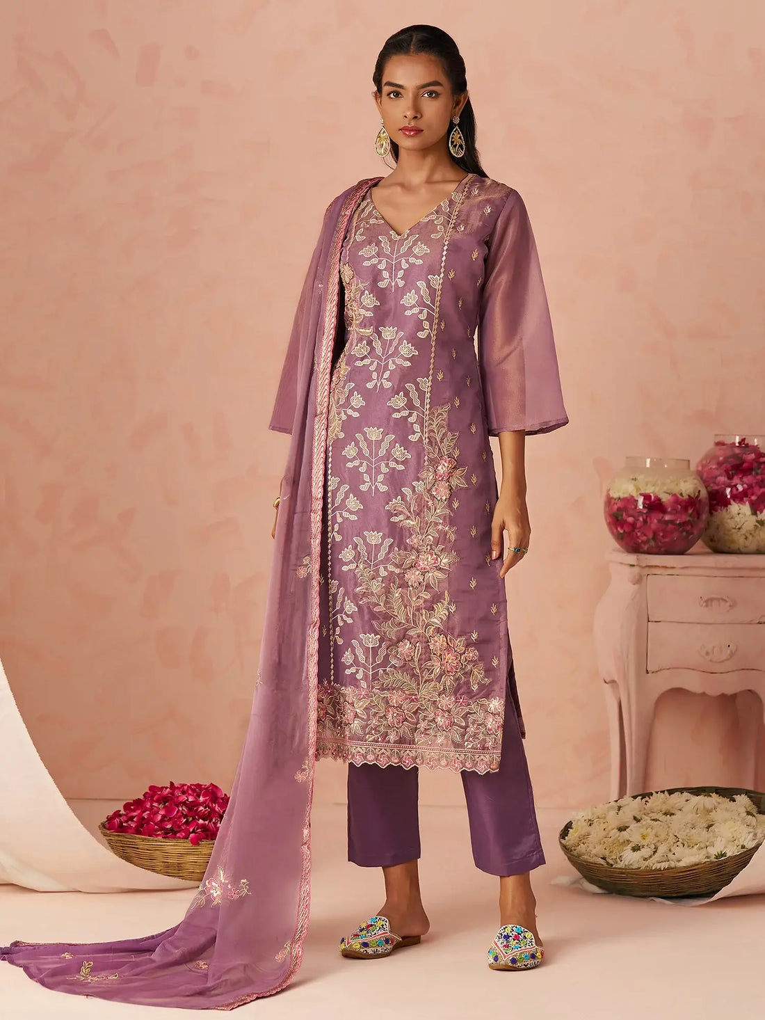 Beautiful Lavender Thread Embroidery Organza Wedding Wear Straight Pant Suit