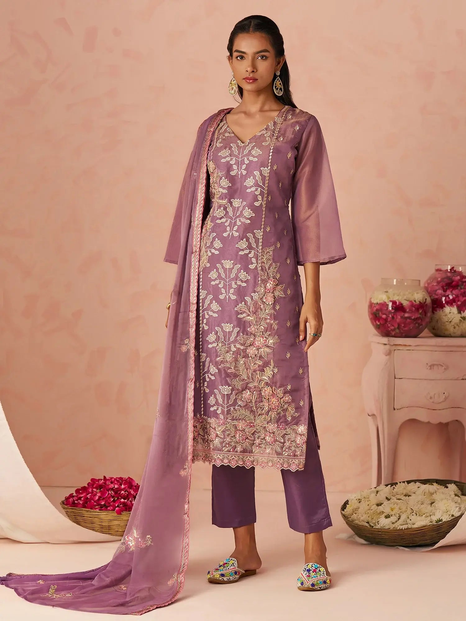 Beautiful Lavender Thread Embroidery Organza Wedding Wear Straight Pant Suit