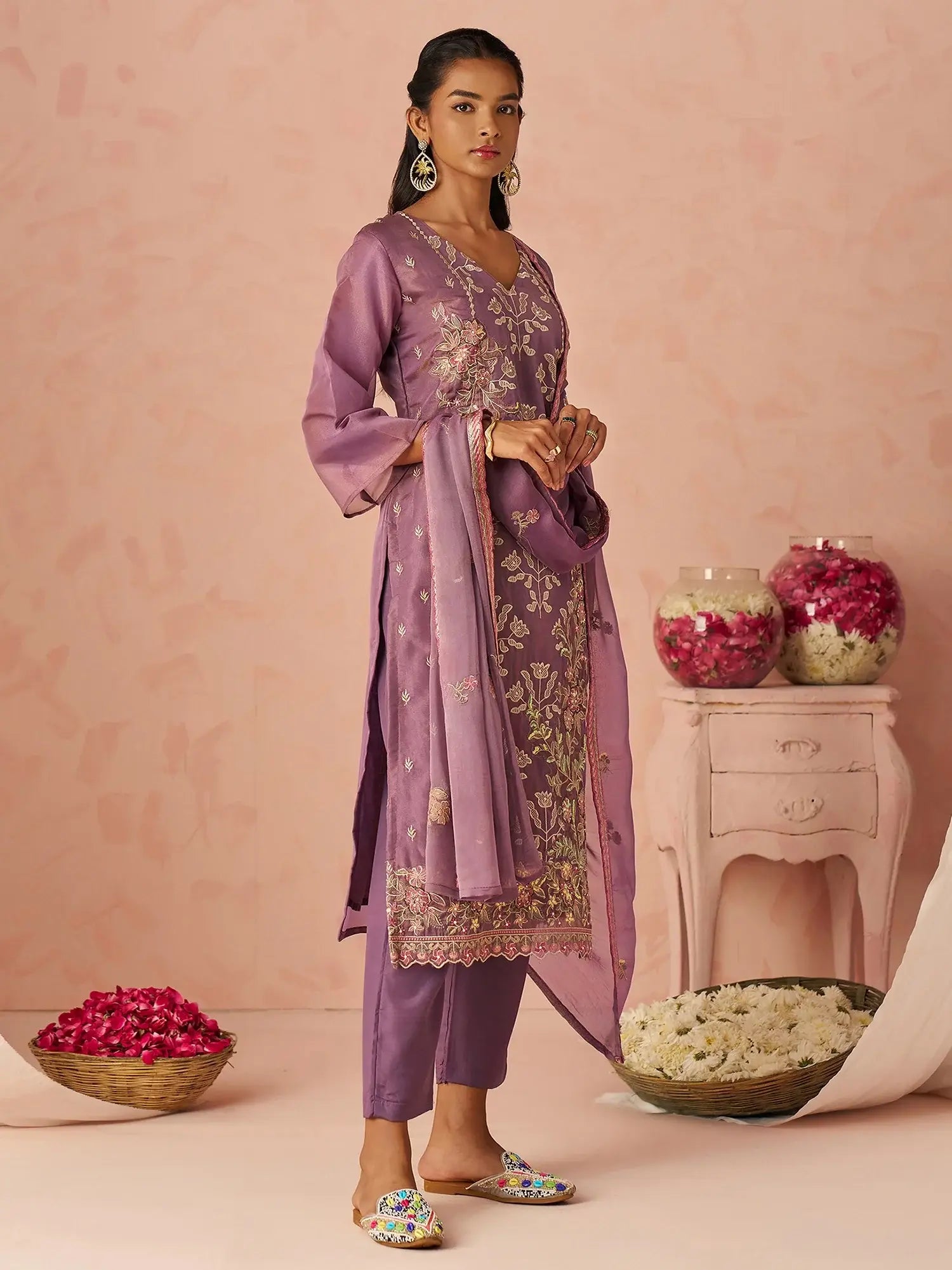 Beautiful Lavender Thread Embroidery Organza Wedding Wear Straight Pant Suit