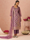 Beautiful Lavender Thread Embroidery Organza Wedding Wear Straight Pant Suit