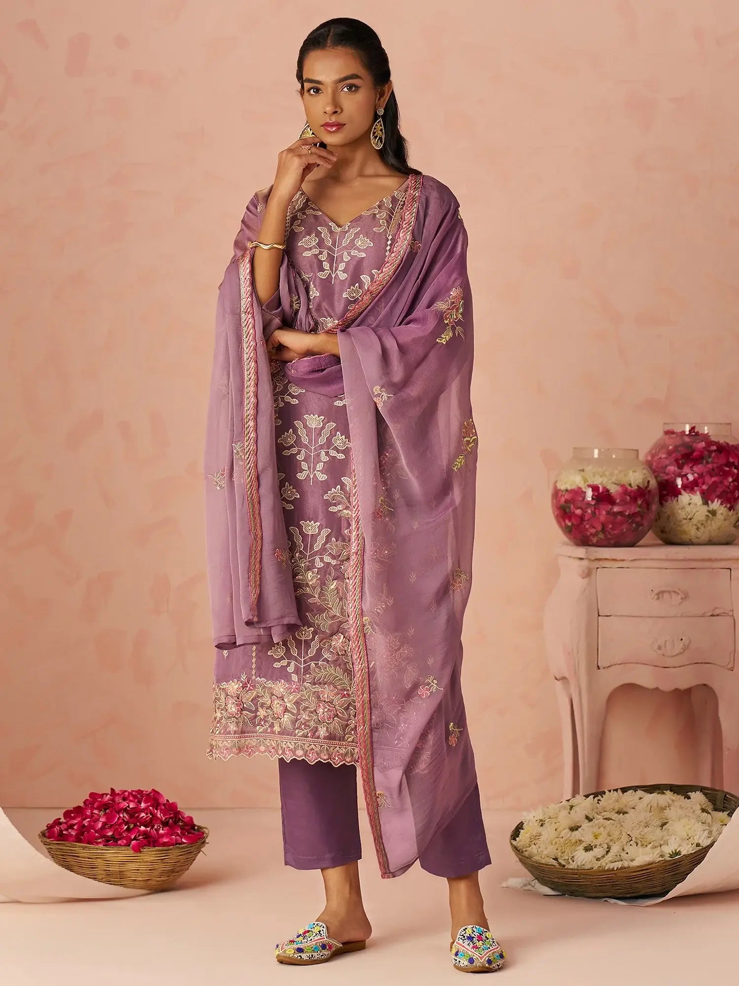 Beautiful Lavender Thread Embroidery Organza Wedding Wear Straight Pant Suit