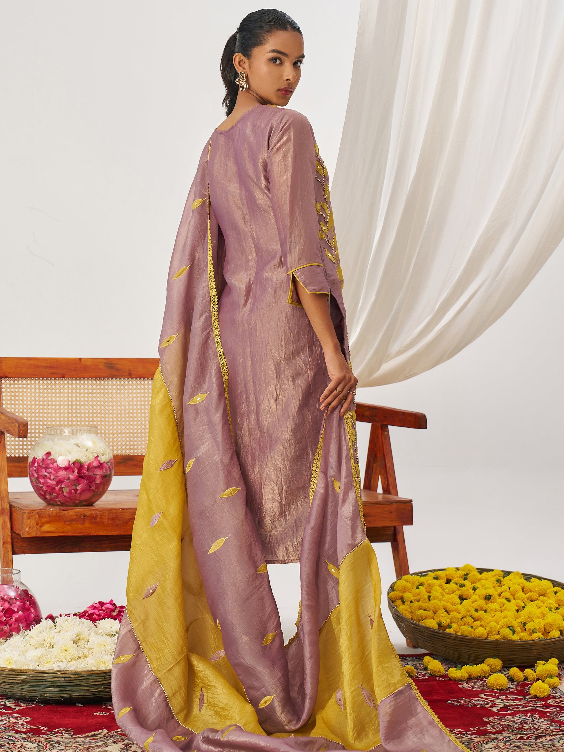Precious Mauve Patch Work Organza Wedding Wear Pant Suit With Dupatta