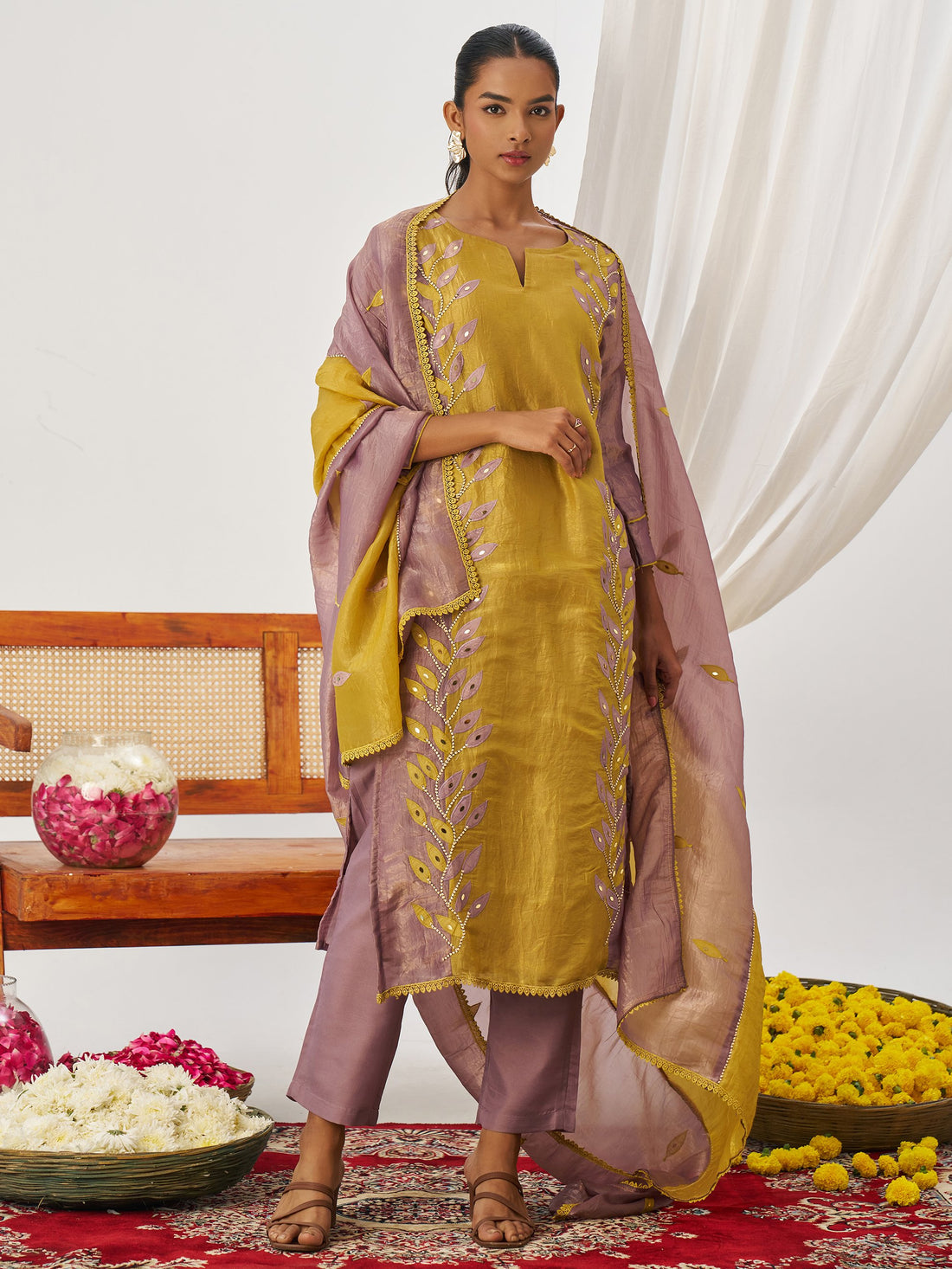 Precious Mauve Patch Work Organza Wedding Wear Pant Suit With Dupatta